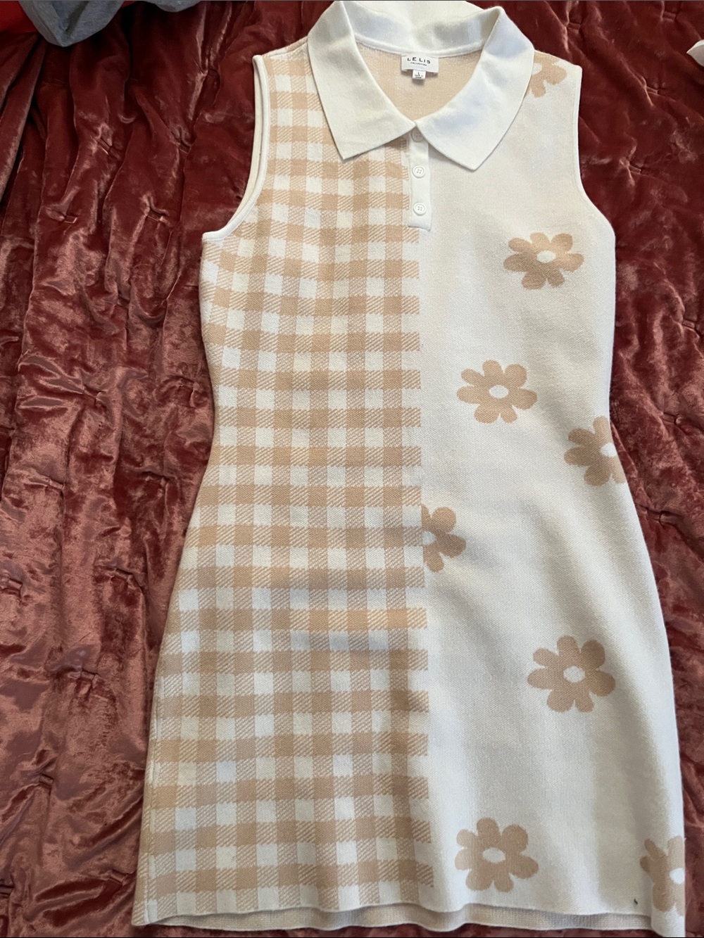 Le Lis Beige & White Sleeveless Polo Knit Midi Dress